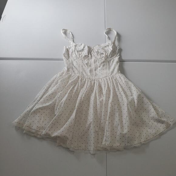Whimsy Fairy Coquette Milkmaid Dress Womens Large White Black Polka Dot Flirty - Picture 1 of 9